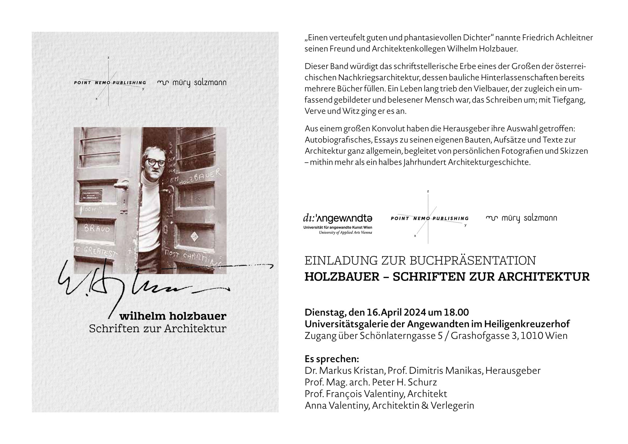 Point Nemo Publishing / Anna Valentiny - Buchpräsentation "Holzbauer - Schriften zur Architektur"